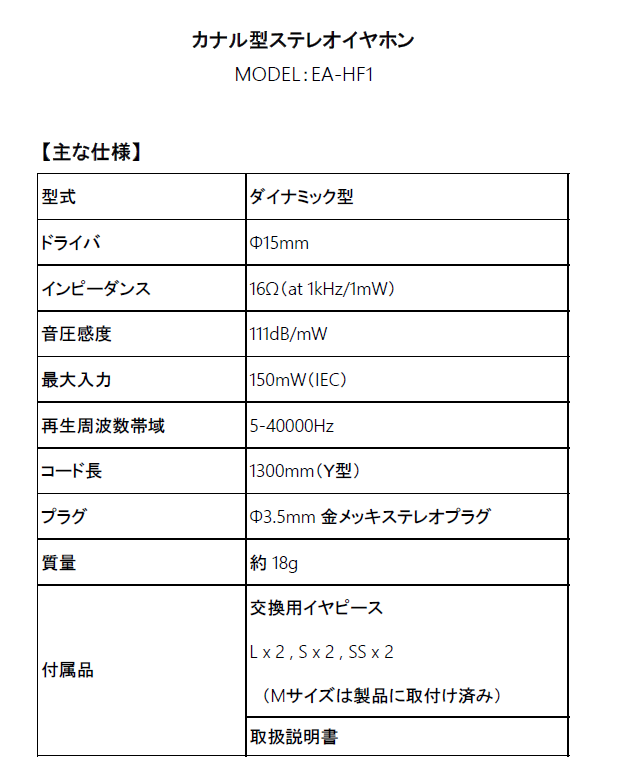 EA-HF1　音楽用イヤホン【生産終了品】（在庫限り）